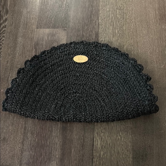Black Textured Clutch with Pom-Pom Trim - Picture 1 of 4
